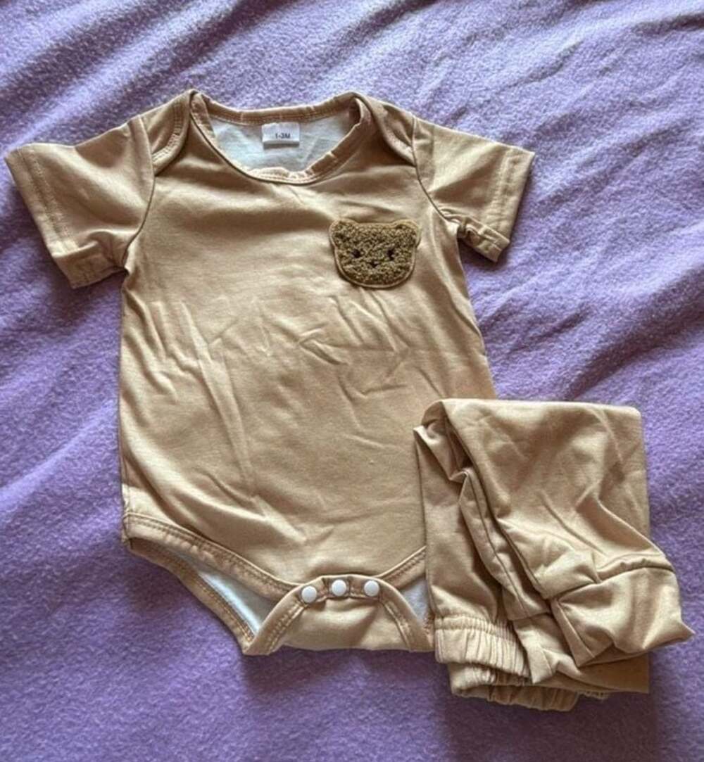 Infant Neutral Beige Teddy Bear Applique Short Sleeve Bodysuit and Pants Set
